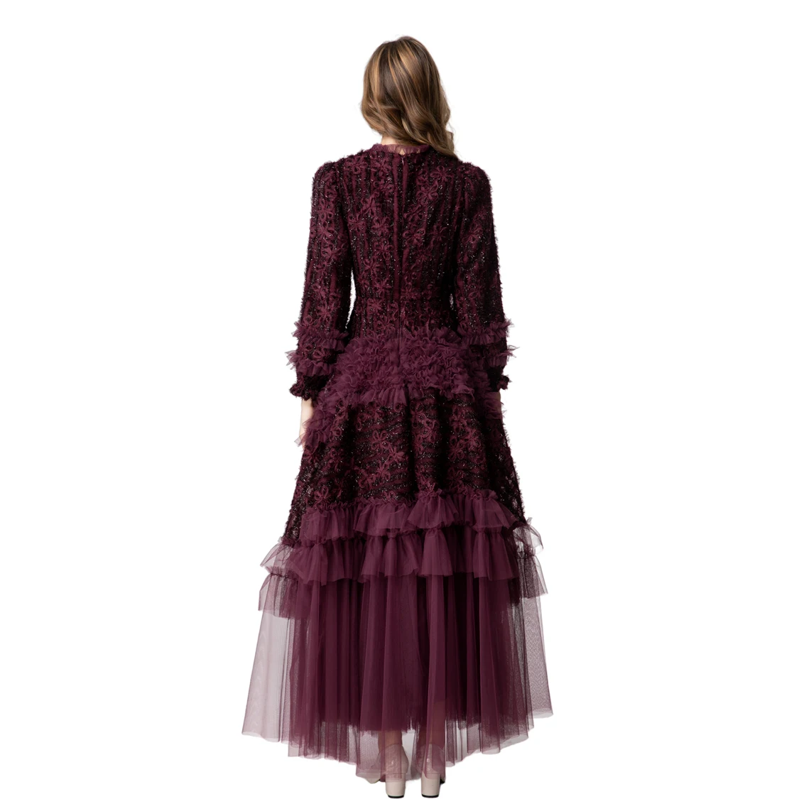 Robe en dentelle bordeaux manches longues à volants – Image 3