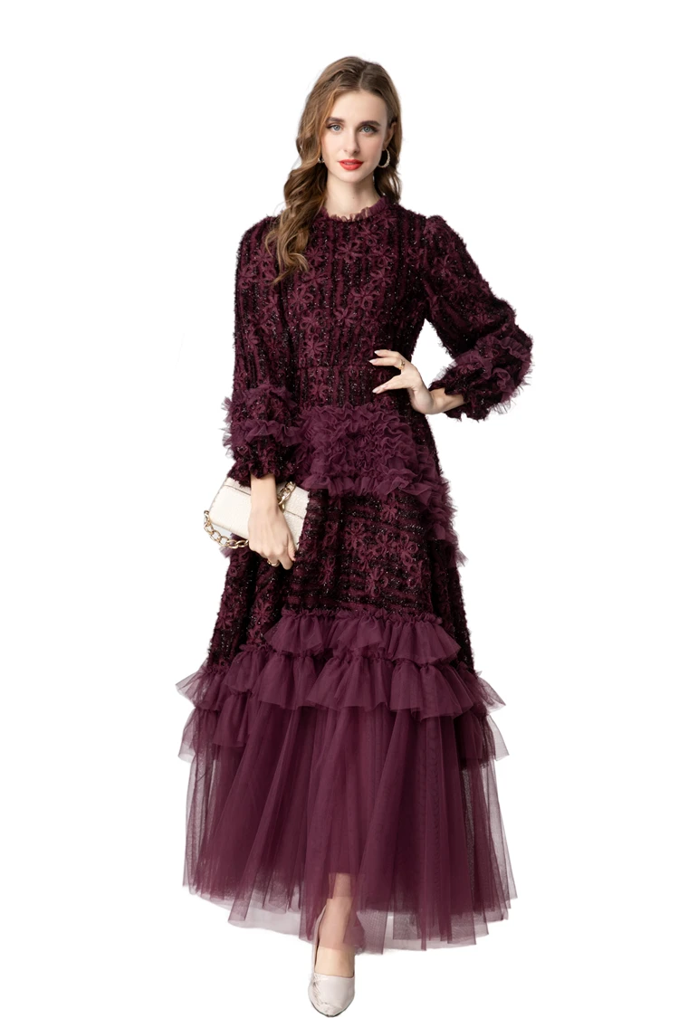 Robe en dentelle bordeaux manches longues à volants – Image 12