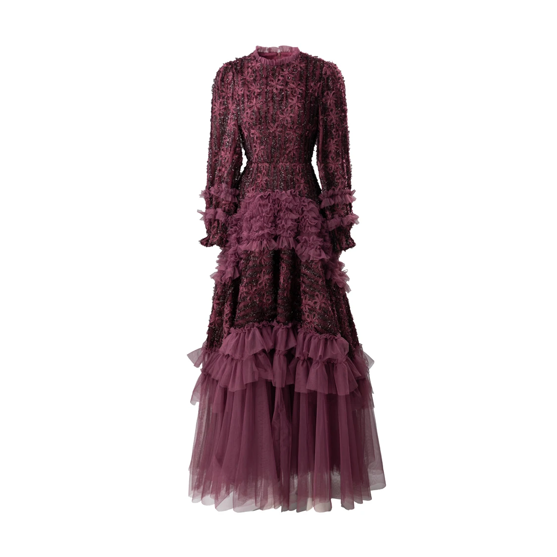 Robe en dentelle bordeaux manches longues à volants – Image 6