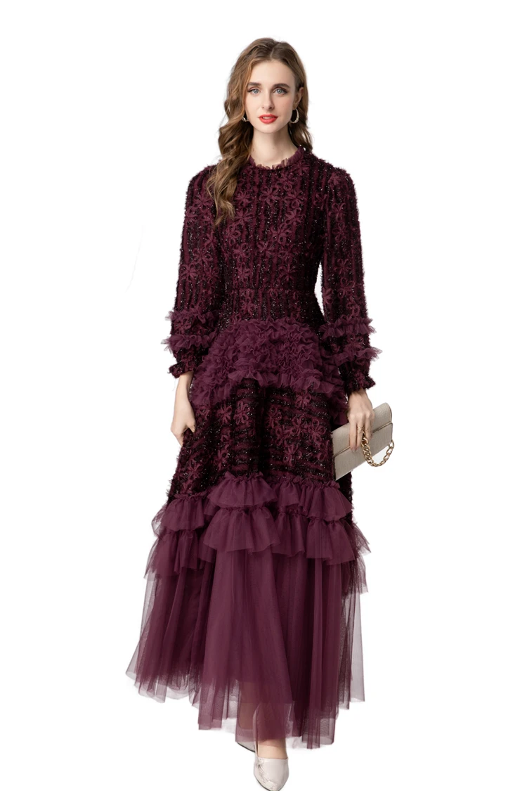 Robe en dentelle bordeaux manches longues à volants – Image 10
