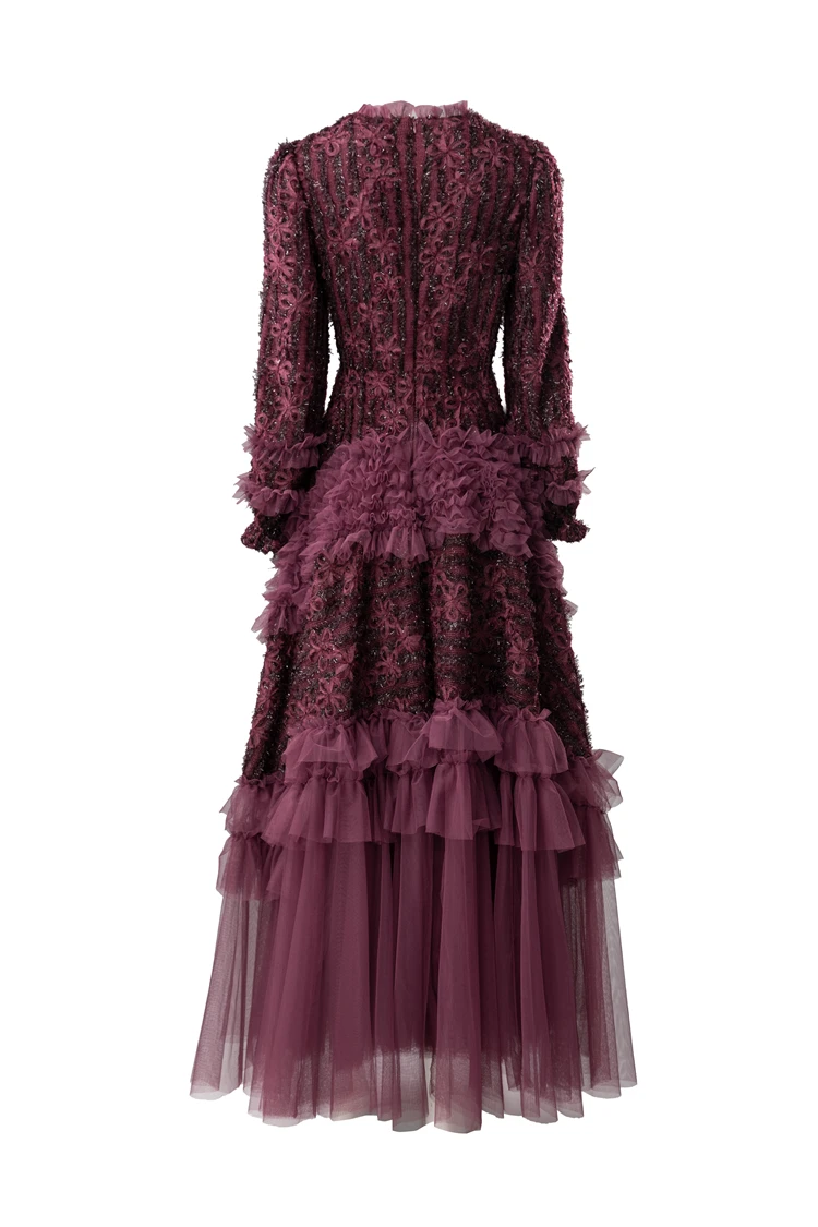 Robe en dentelle bordeaux manches longues à volants – Image 14