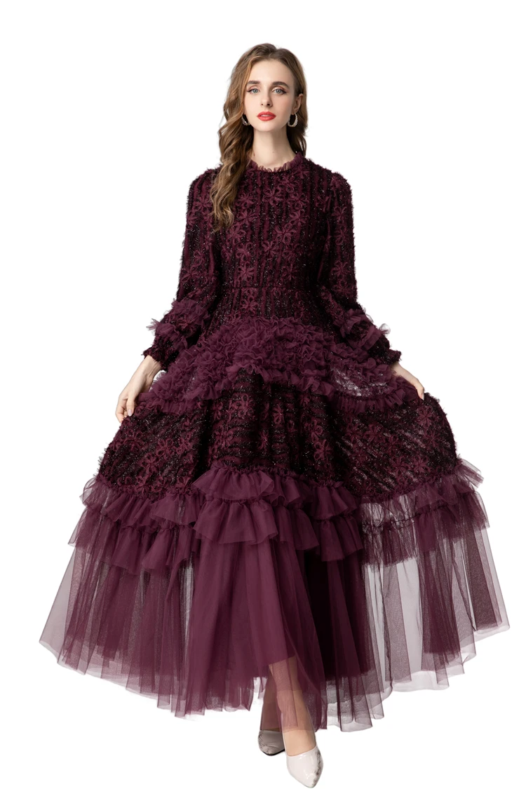 Robe en dentelle bordeaux manches longues à volants – Image 7