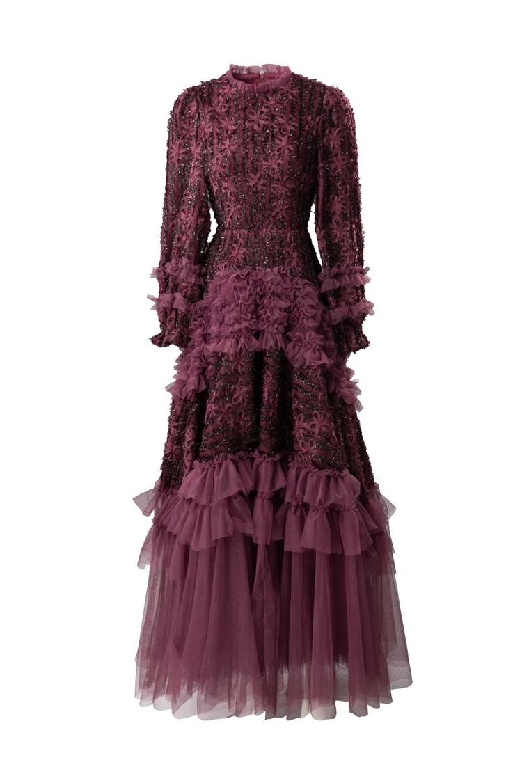 Robe en dentelle bordeaux manches longues à volants – Image 13