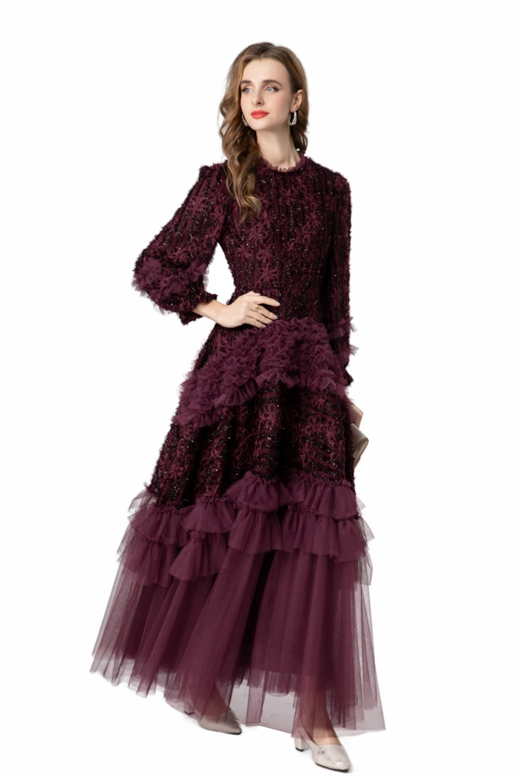 Robe en dentelle bordeaux manches longues à volants – Image 9