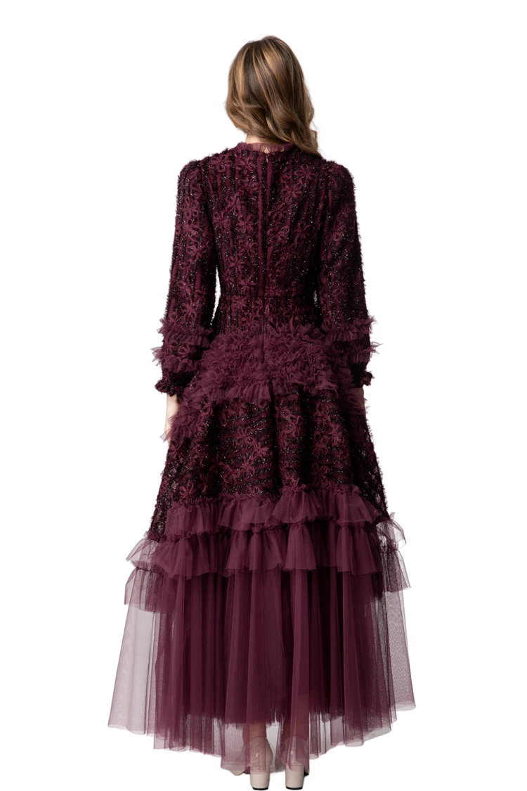 Robe en dentelle bordeaux manches longues à volants – Image 8