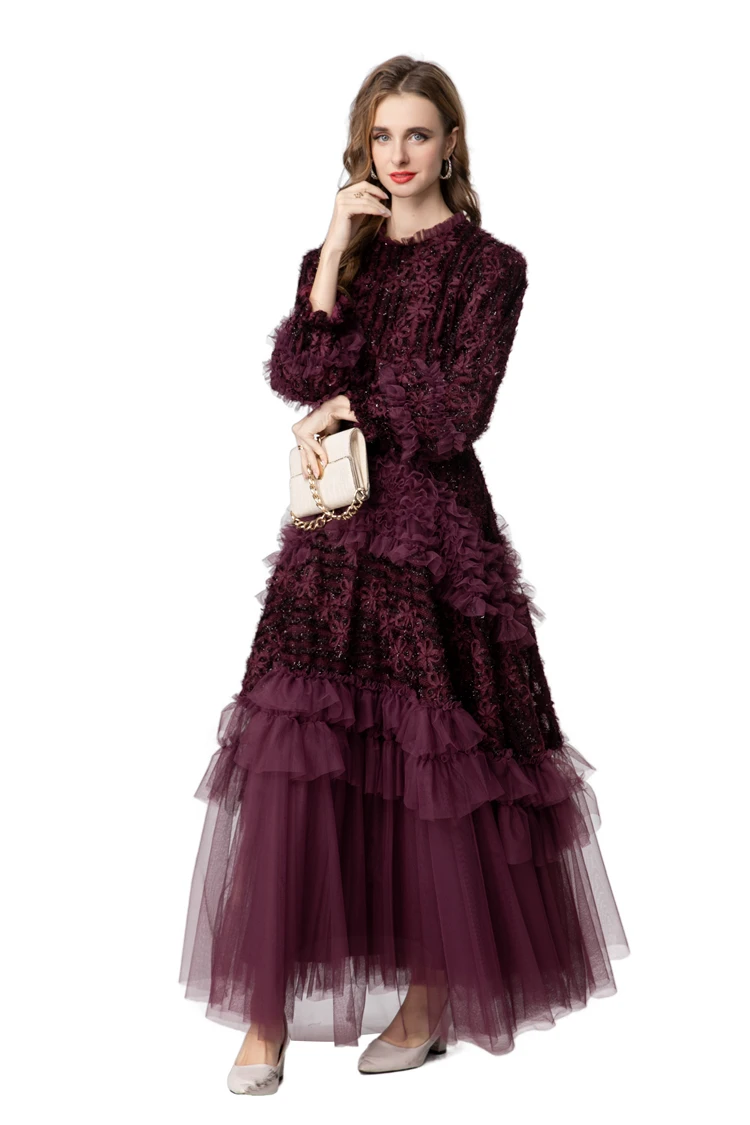 Robe en dentelle bordeaux manches longues à volants – Image 11